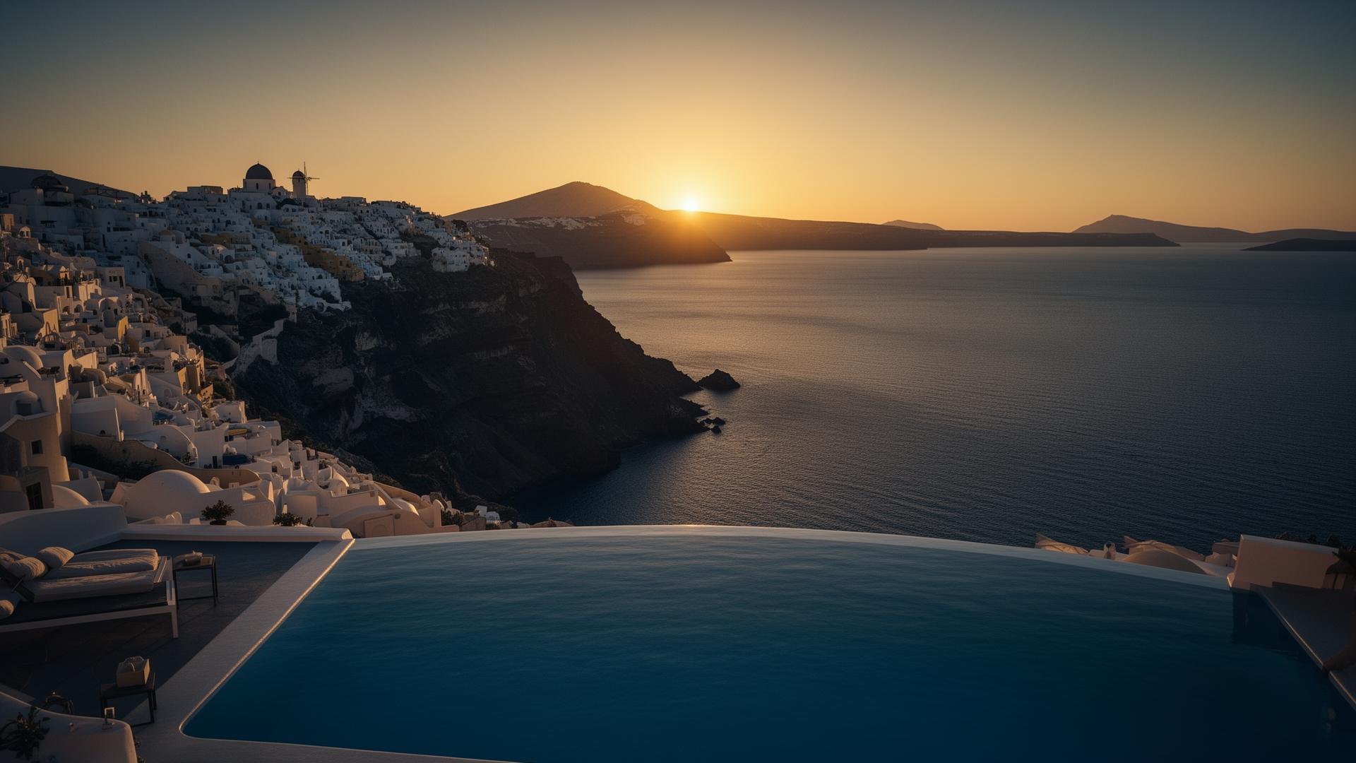 Luxury infinity pool overlooking Santorini at golden hour
